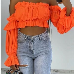 PrettyLittleThing Bright Orange Ruffle Crop Top size 12 or L